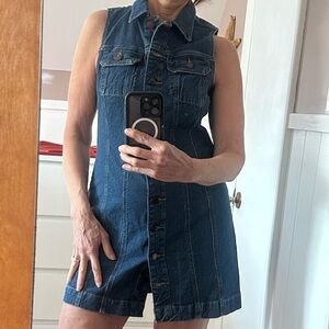 Denim sleeveless button down mini dress, size small medium wash denim dress